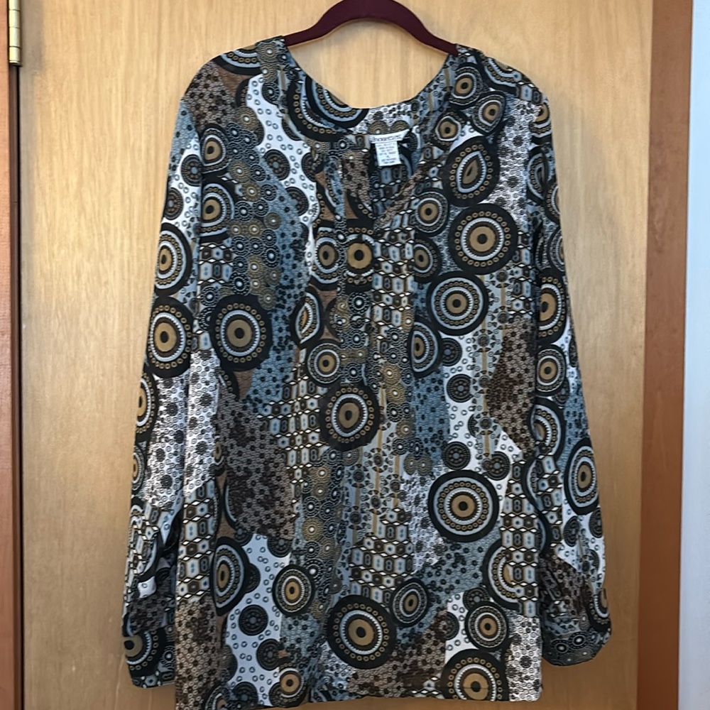 Silhouette Blouse Button Shirt Women Sz XL Batik Motif Medallion Retro Statement